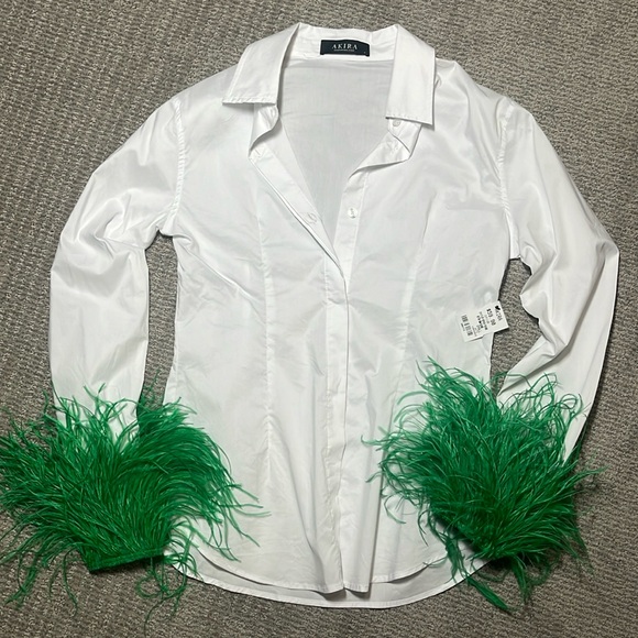 AKIRA Tops - AKIRA I'm A Flirt Green Ostrich Feather Long Sleeve Button Down Blouse NWT